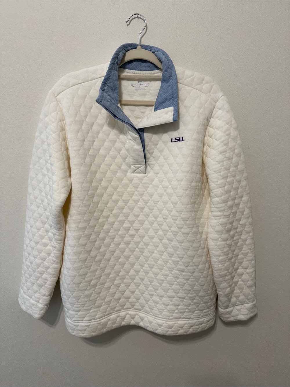 LSU Southern Tide Quilted Pullover Sweater in Cream w/ Pockets